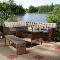 Baxton Studio MLM-210339-Light Grey Angela Modern and Contemporary Grey Fabric Upholstered and Brown Finished 4-Piece Woven Rattan Outdoor Patio Set